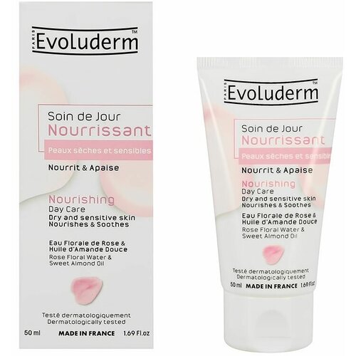 Крем для лица EVOLUDERM дневной с розовой водой и маслом сладкого миндаля (питательный) 50 мл