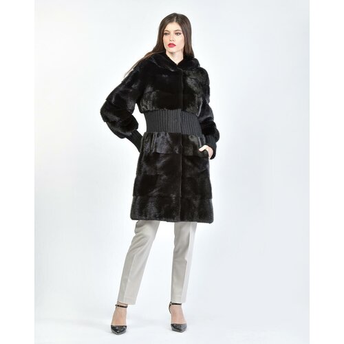Пальто Skinnwille, норка, силуэт прилегающий, капюшон, размер 38, черный