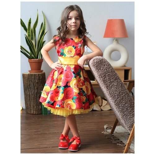 фото Платье бушон, нарядное, флористический принт, размер 134-140, желтый, красный