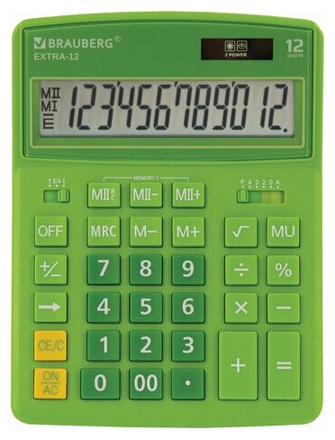 Калькулятор настольный BRAUBERG EXTRA-12-DG (206x155 мм), 12 разрядов, двойное питание, зеленый, 250483