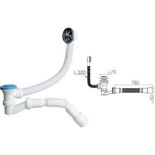 Сифон для ванны выпуск 70 мм гибкая труба 40х40/50 AV ENGINEERING (AVE129731)