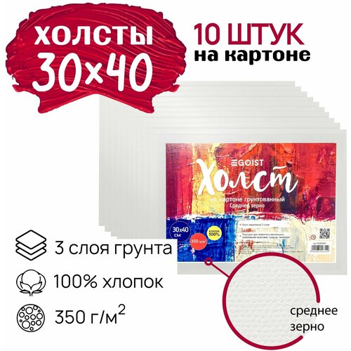 Грунтованный холст на картоне 30x40 см Egoist, набор холстов 10 штук, 100% хлопок, плотность 350 г/м2.