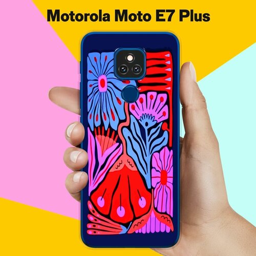 Силиконовый чехол на Motorola Moto E7 Plus Цветы на синем / для Моторола Мото Е7 Плюс силиконовый чехол на motorola moto e7 plus ленивец спит для моторола мото е7 плюс