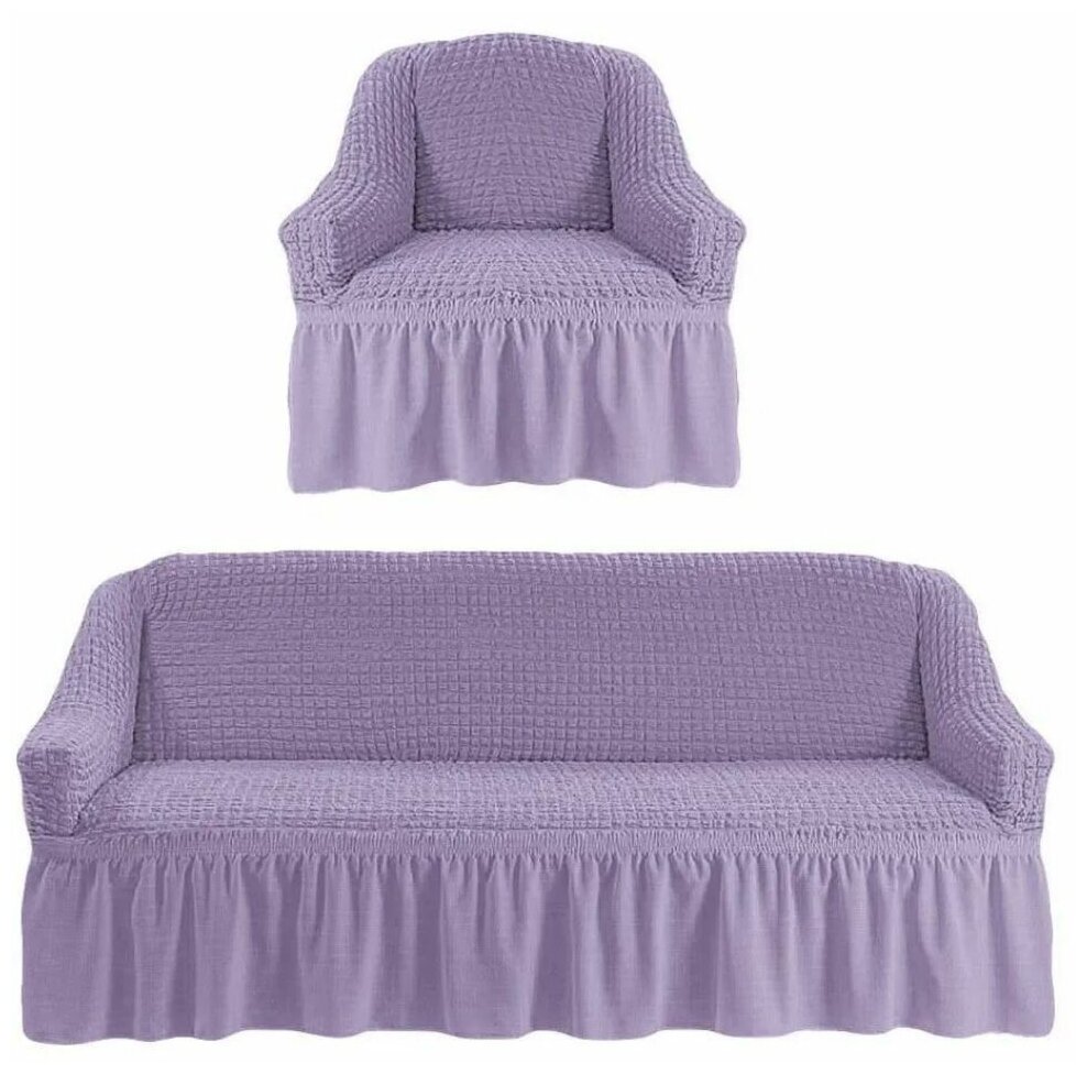 фото Чехол на диван и 1 кресло с оборкой, диван трехместный, на резинке, универсальный, чехол для мягкой мебели, накидка дивандек на диван и кресло