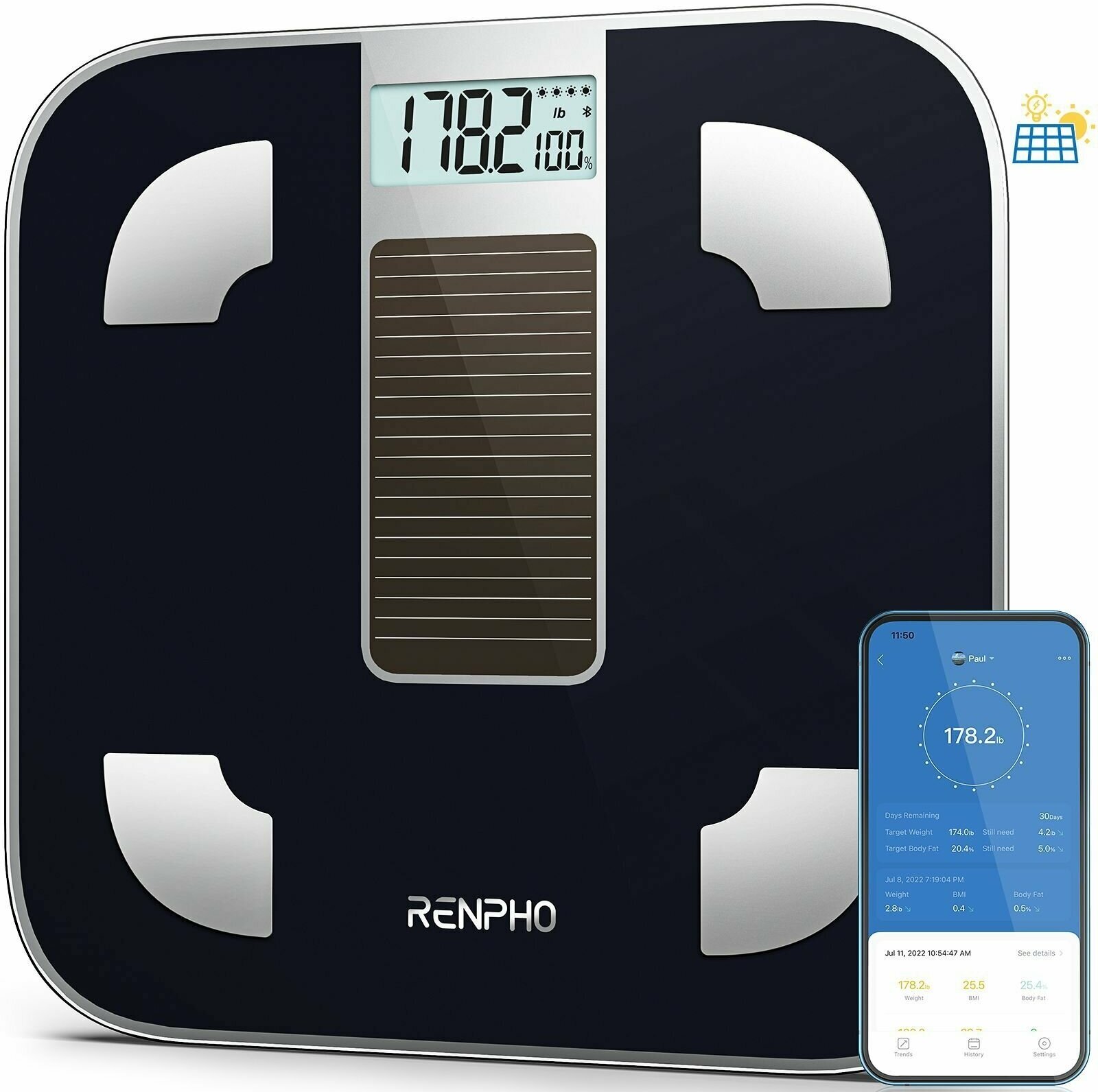 Весы напольные электронные RENPHO Elis Solar Smart Body Scale R-A012 умные с диагностикой 13 показателей, черные - фотография № 1