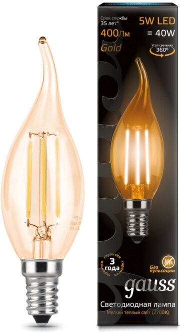 Лампа светодиодная Gauss 104801005 LED Filament Candle tailed E14 5W 2700K Golden