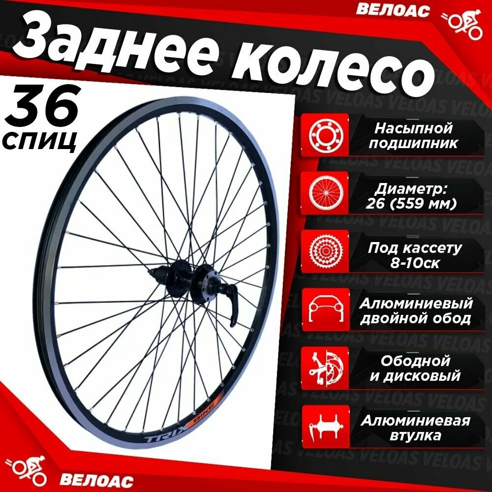 Колесо для велосипеда заднее 26" TRIX, алюминиевый двойной обод, втулка алюминиевая 36 отверстий, под дисковый тормоз, под кассету 8-10 скоростей, эксцентрик, черная