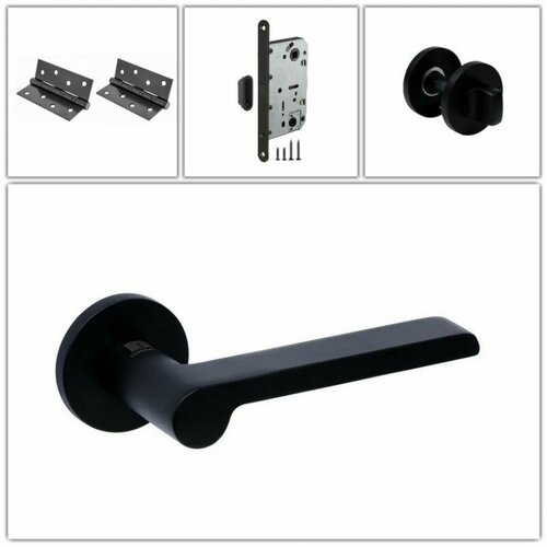 Комплект ручек для дверей Bussare CENTRO_A-11-50_BLACK_MAGWC, черный (ручка + завертка WC + магнитный замок + 2 универсальные петли)