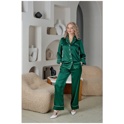 фото Пижама pijama story, рубашка, брюки, длинный рукав, карманы, пояс на резинке, пояс, размер 52, зеленый