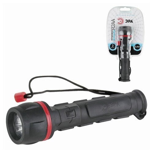 фото Фонарь ручной эра r2aa, на батарейках, прорезиненный пластик, черно-красный (r2aa), 24шт.