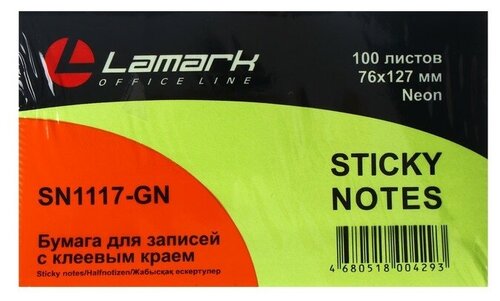 Блок с липким краем Lamark Neon, 127 x 76 мм, 100 листов, зеленый./В упаковке шт: 12