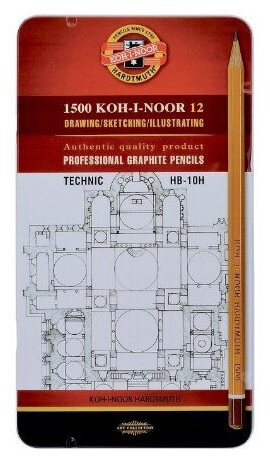 Набор карандашей ч/г Koh-I-Noor 1502 TECHNIC 1502012007PLRU HB-10H шестигран. мет. кор. 12 карандашей