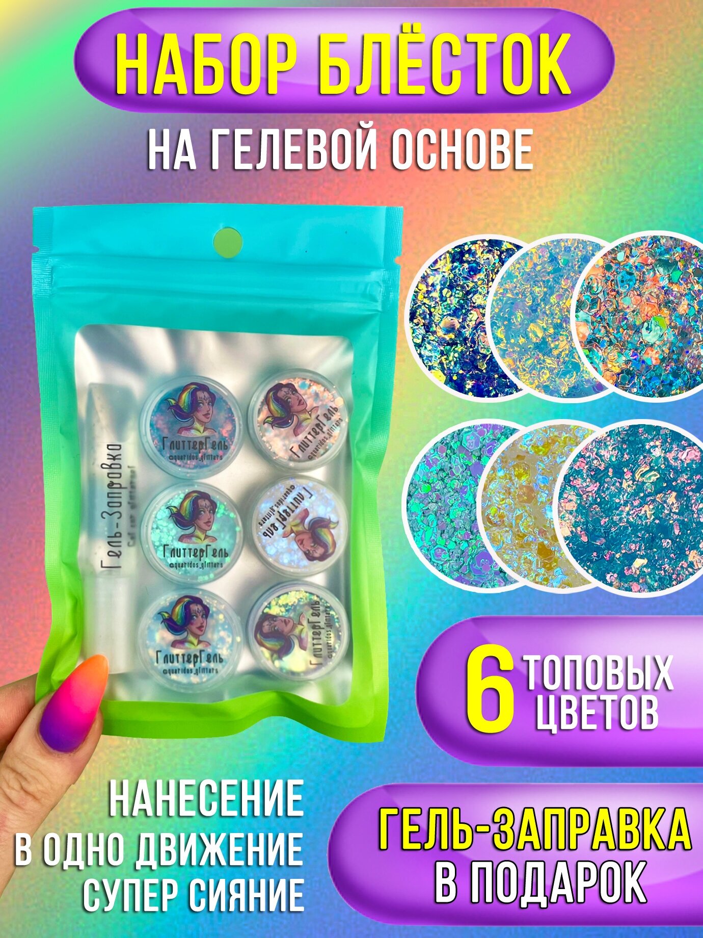 Queridos Glitters Глиттер набор. Блестки для лица и тела. Блестки для глаз. Цвет набора: Радуга Green-Blue