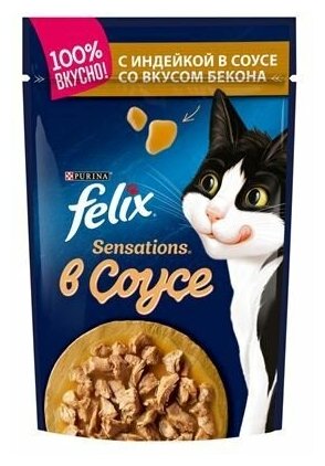 Влажный корм FELIX Sensations для взрослых кошек, с индейкой в соусе со вкусом бекона, Пауч, 85 г, 24 шт - фотография № 2