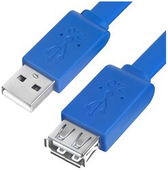 GCR Удлинитель PROF 0.3m USB 2.0, AM/AF, плоский синий, морозостойкий