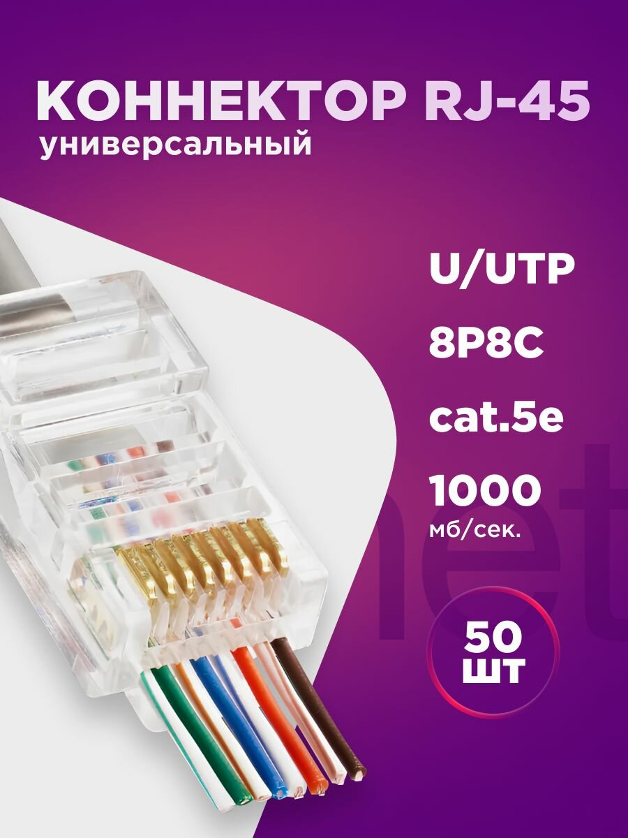 Коннектор RJ45 (8p8c), категория 5e, в упаковке 20 шт, прозрачный, 0,3мм - толщина пинов, неэкранированный (U/UTP)