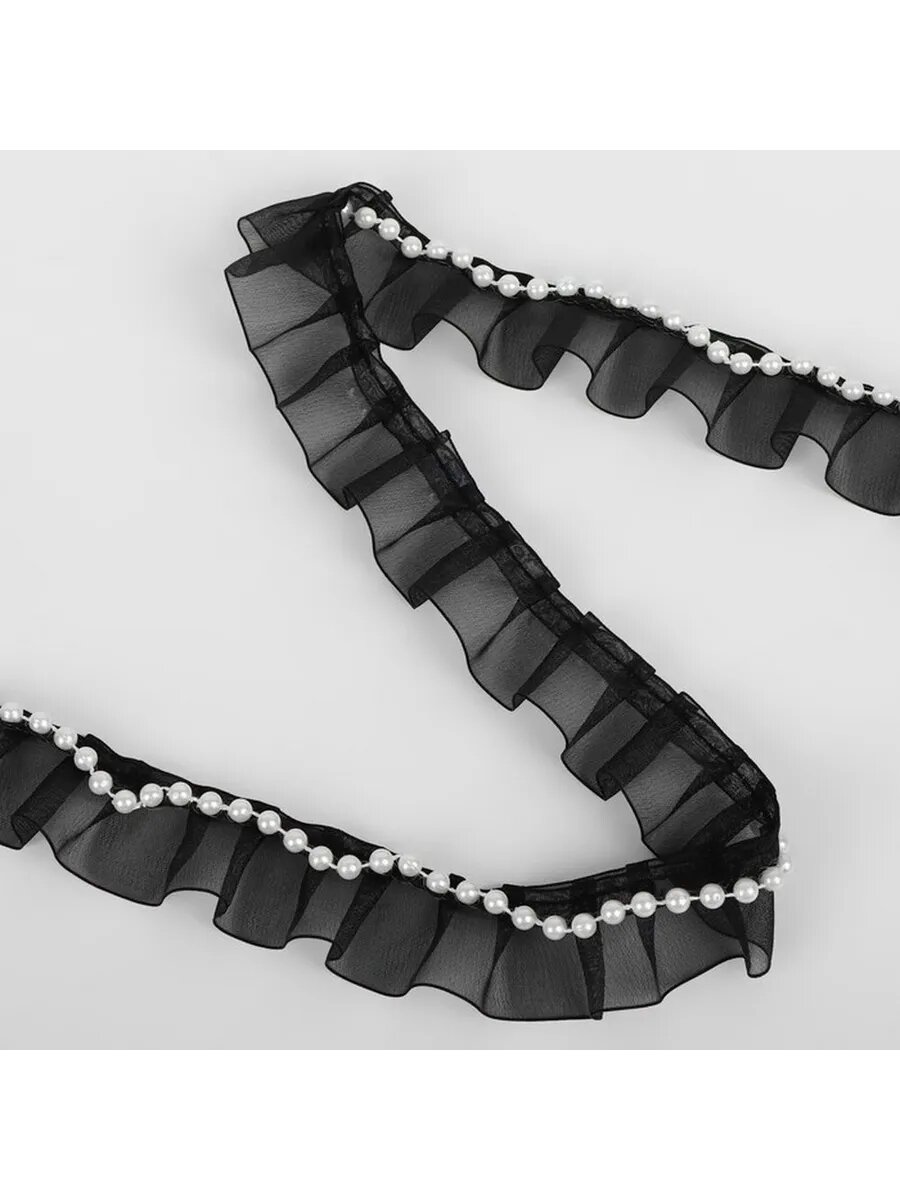 Рюша капроновая с бусинами, 30 мм, 4,5 м, черный/белый