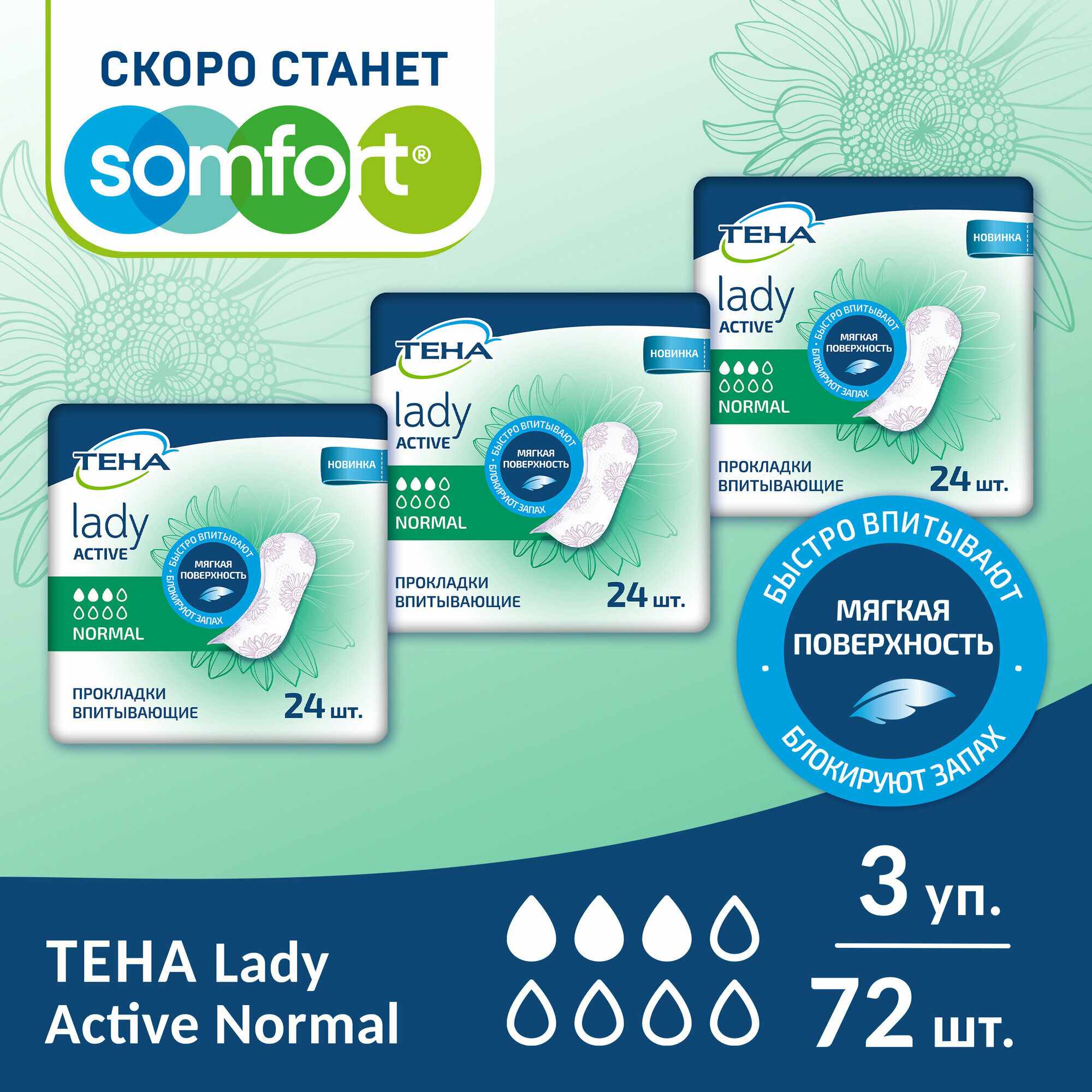 Прокладки Tena Lady Active Normal, 24 шт. x 3 упак.