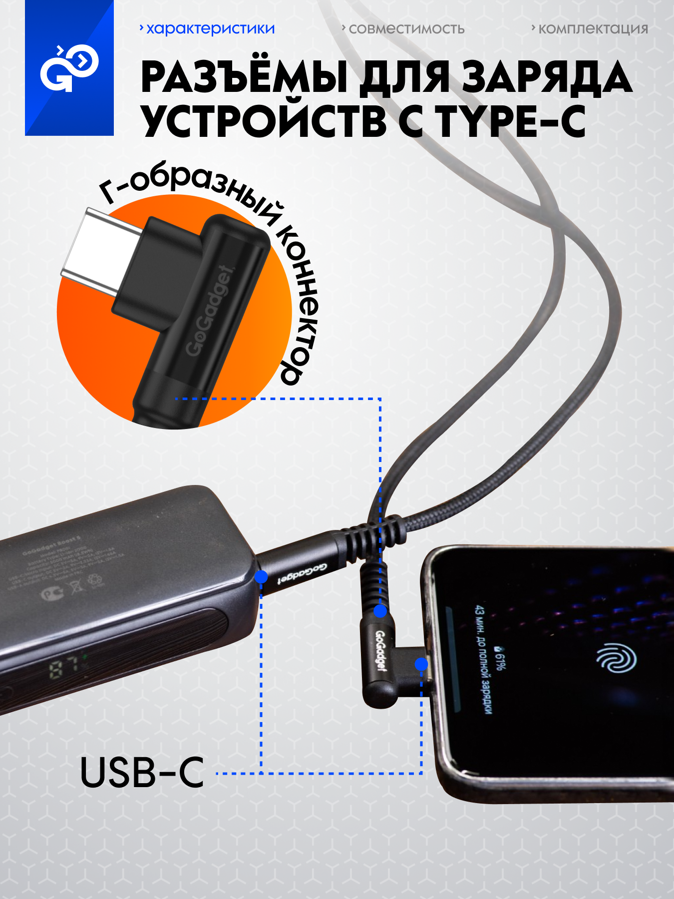 Кабель GoGadget CB004 Type-C Г-образный / Type-C прямой 1,2 м игровой — фото 1