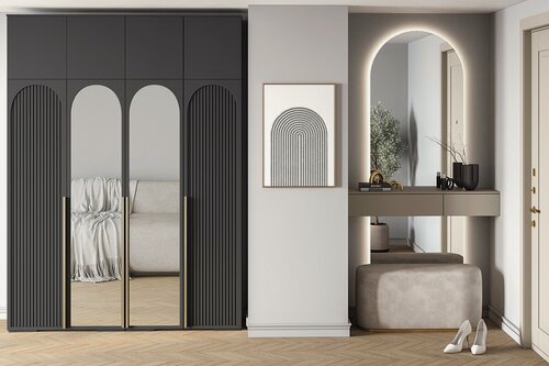 Изображение товара Шкаф распашной МебельЛэнд24 Рослин - 4.1 с антресолью Черный 170x50x230 для одежды четырехдверный с 2 зеркалами