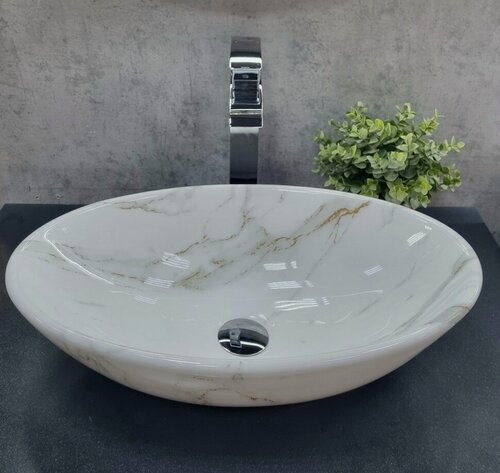 Изображение товара Раковина CeramaLux D1147-505, накладная, фаянс, овальная, белый мрамор, 50х14 см