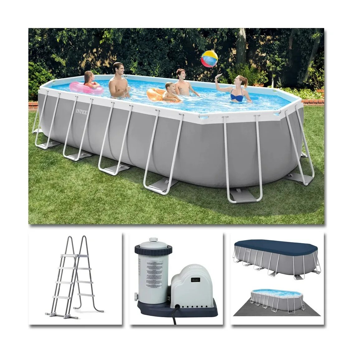 Каркасный бассейн INTEX Prism Frame Pool Oval (овал) 610х305х122+фильтр-фил.-насос 5678л\ч лестн тент подст.