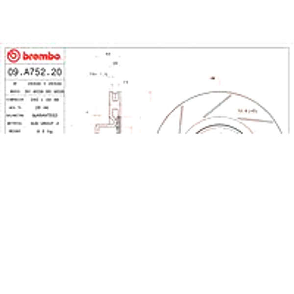 BREMBO 09. A752.21 (402060019R) диск тормозной Renault (Рено) Megane (Меган) III купе (dz0 / 1_) 2.0 tce (Комплект 2 штуки)
