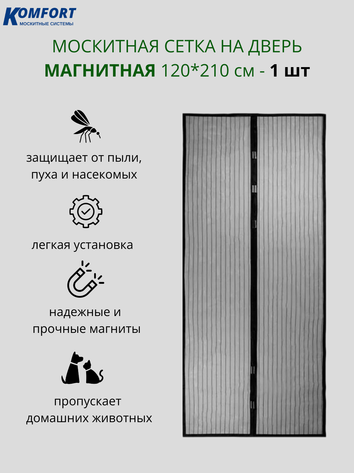 Москитная сетка на дверь магнитная 120*210 см черная 1 шт