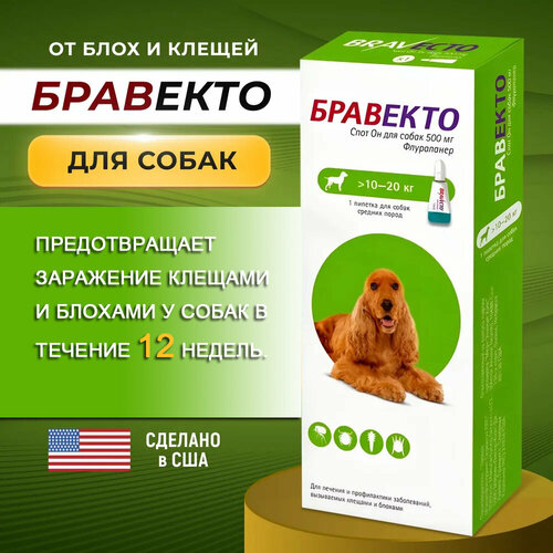 Бравекто капли Спот Он 500 мг от блох и клещей для собак крупных пород от 10 до 20 кг, 1 пипетка