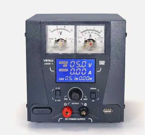Изображение товара Лабораторный блок питания YIHUA 1503D-II; USB порт. 2 режима напряжения: 0-5В и 0-15В. 2 режима тока: 0,5А и 3А.