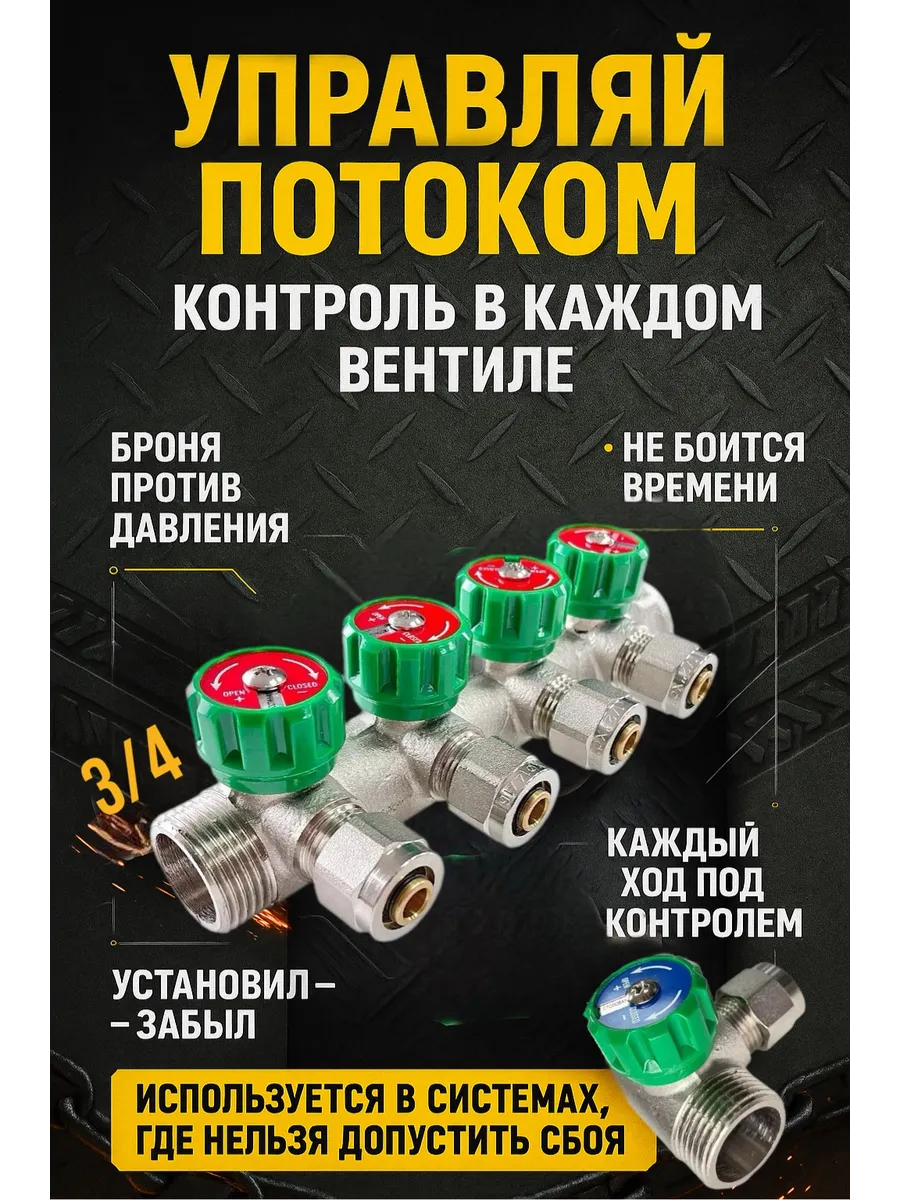 Коллектор для водоснабжения c регул. вентилями 3/4'*4 выхода ZILTOS (концовки в компл.)