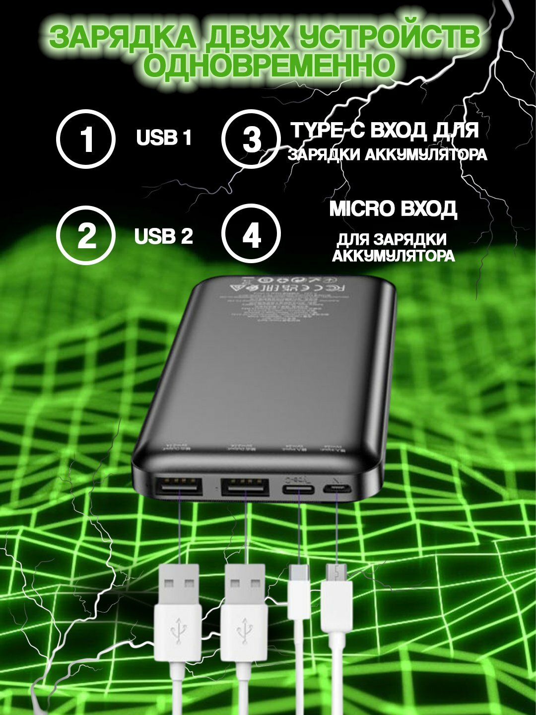 Внешний аккумулятор, KAKUSIGA, 10000 mAh, внешний аккумулятор с 4 портами зарядное устройство, быстрая зарядка — фото 1