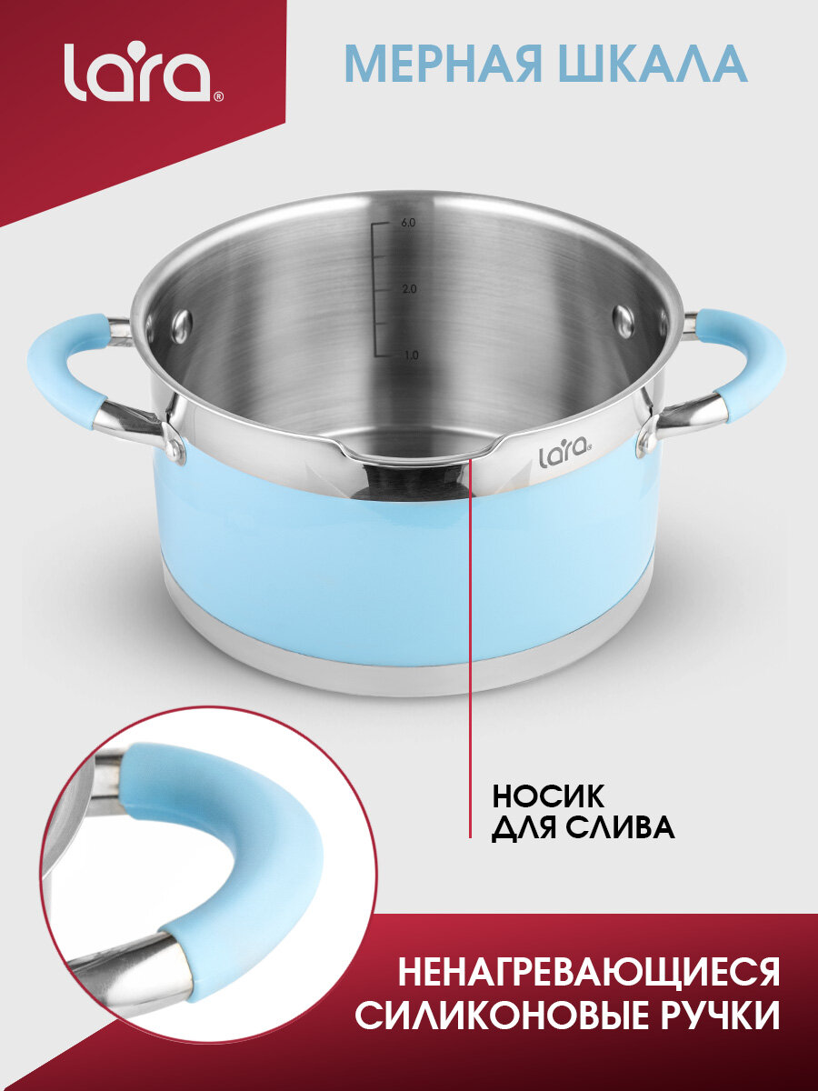 Кастрюля LARA LR02-440 SKY BLUE/ 1.7 л/ d-16 см/ крышка дуршлаг/ для всех видов плит — фото 1