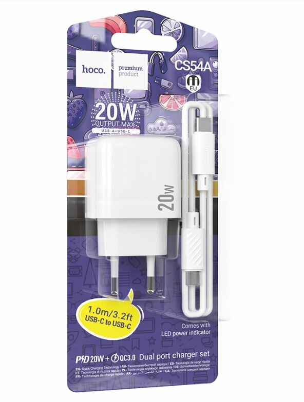 Блок питания сетевой 1 USB, 1 Type-C HOCO CS54A Surplus, 3.0A, PD20Вт, кабель Type-C - Type-C, белый