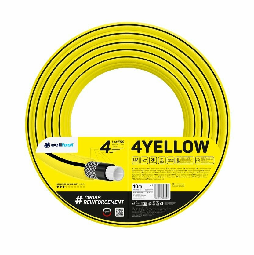 Шланг садовый CELLFAST 4YELLOW армированный 1 дюйм 10 метров 20 Бар