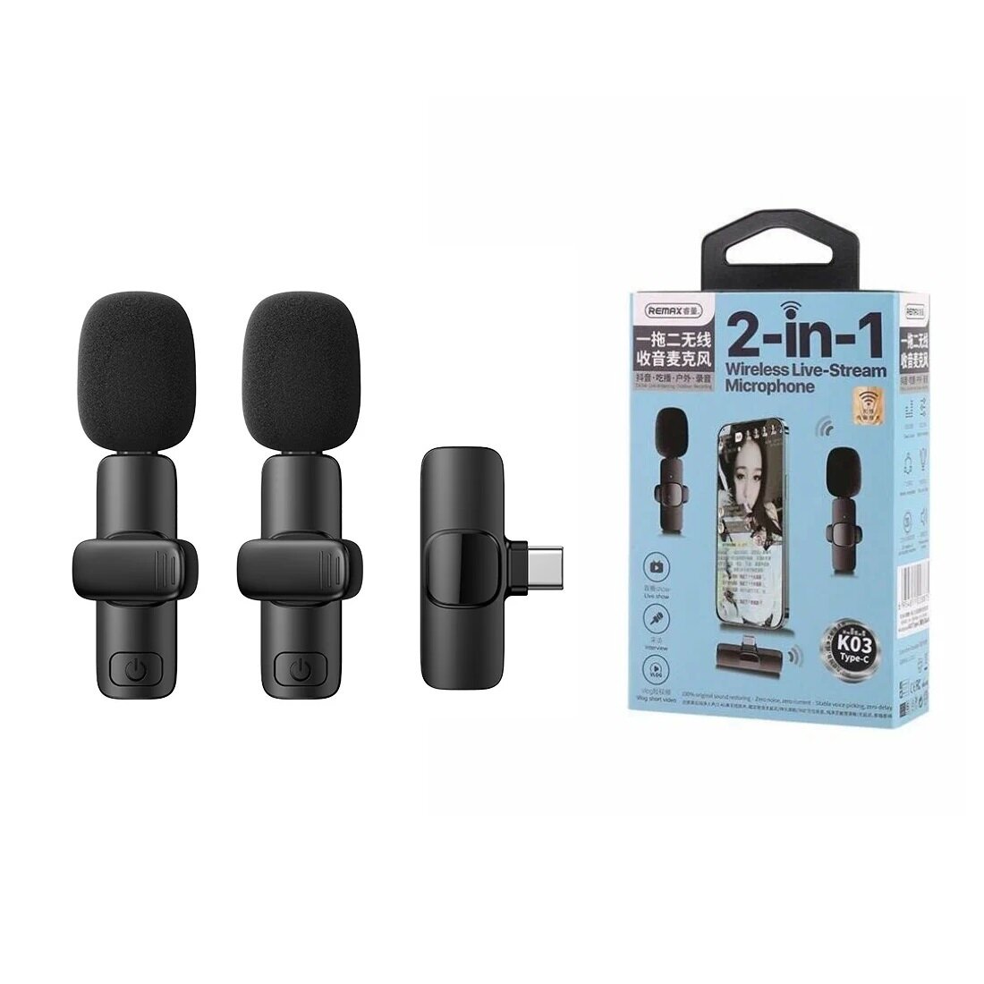 Беспроводной микрофон петличный REMAX K03 2-in-1 USB Type-C, черный
