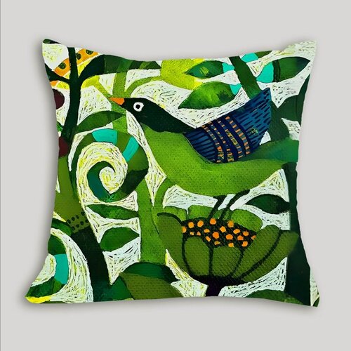 Изображение товара Подушка декоративная Птица зеленая 40х40 велюр