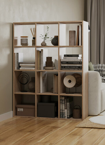 Изображение товара Стеллаж деревянный напольный ЛДСП; 125см x 97см x 29см; 12 ячеек цвет дуб