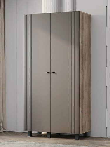 Изображение товара Распашной шкаф-пенал для одежды и хранения вещей Олива двухдверный, со штангой, с ящиками, 100.2х51х201.6 см, Дуб Каньон / Муссон софт