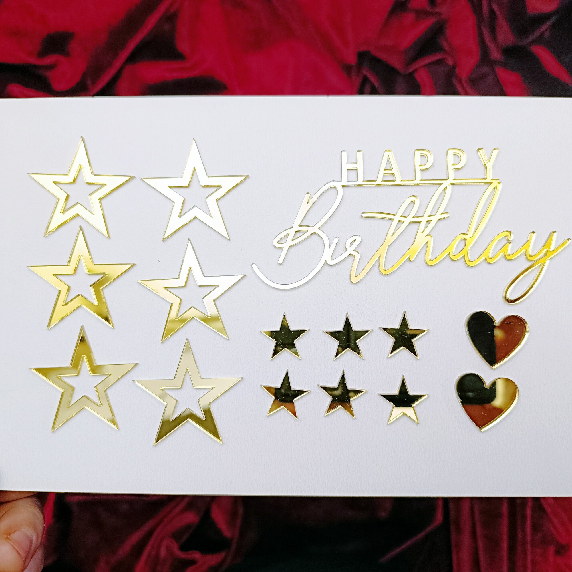 Топпер для торта; Happy Birthday 1шт + 12шт звездочек + 3шт сердечки. Золотой зеркальный акрил.