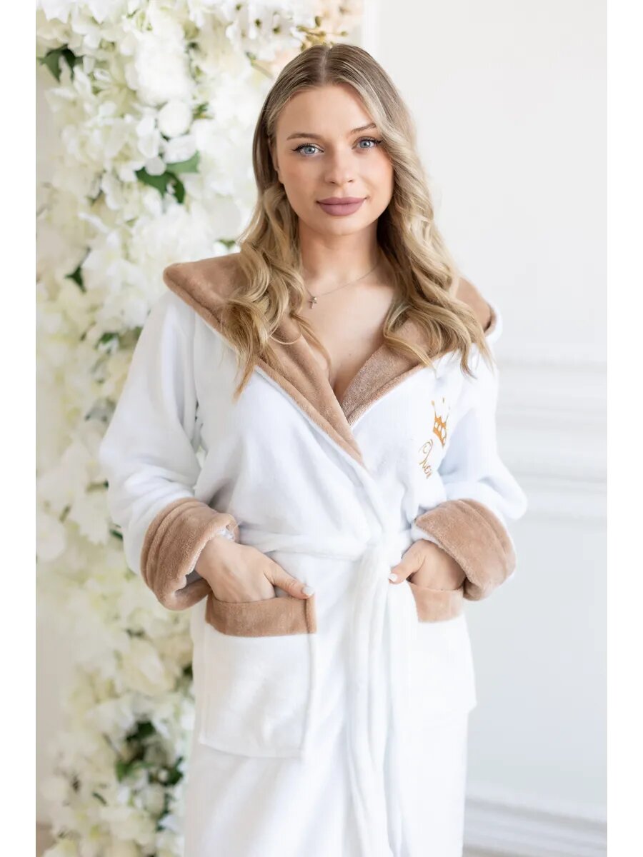 Халат GoldenFashion базовая, размер 42-44, белый/коричневый — фото 1