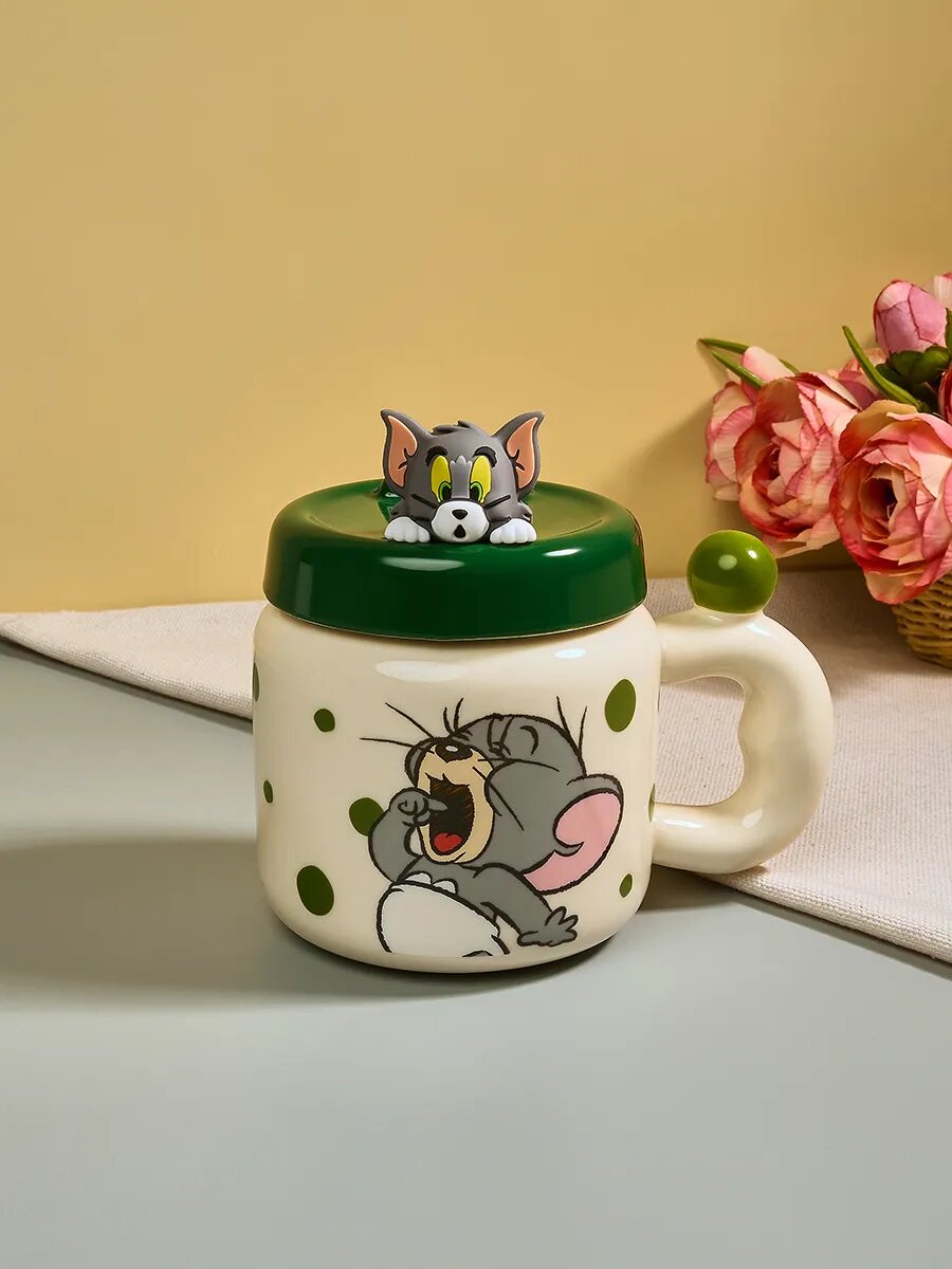 Кружка DB HOMME "Том и Джерри", керамическая, с крышкой, фигурная, зеленая