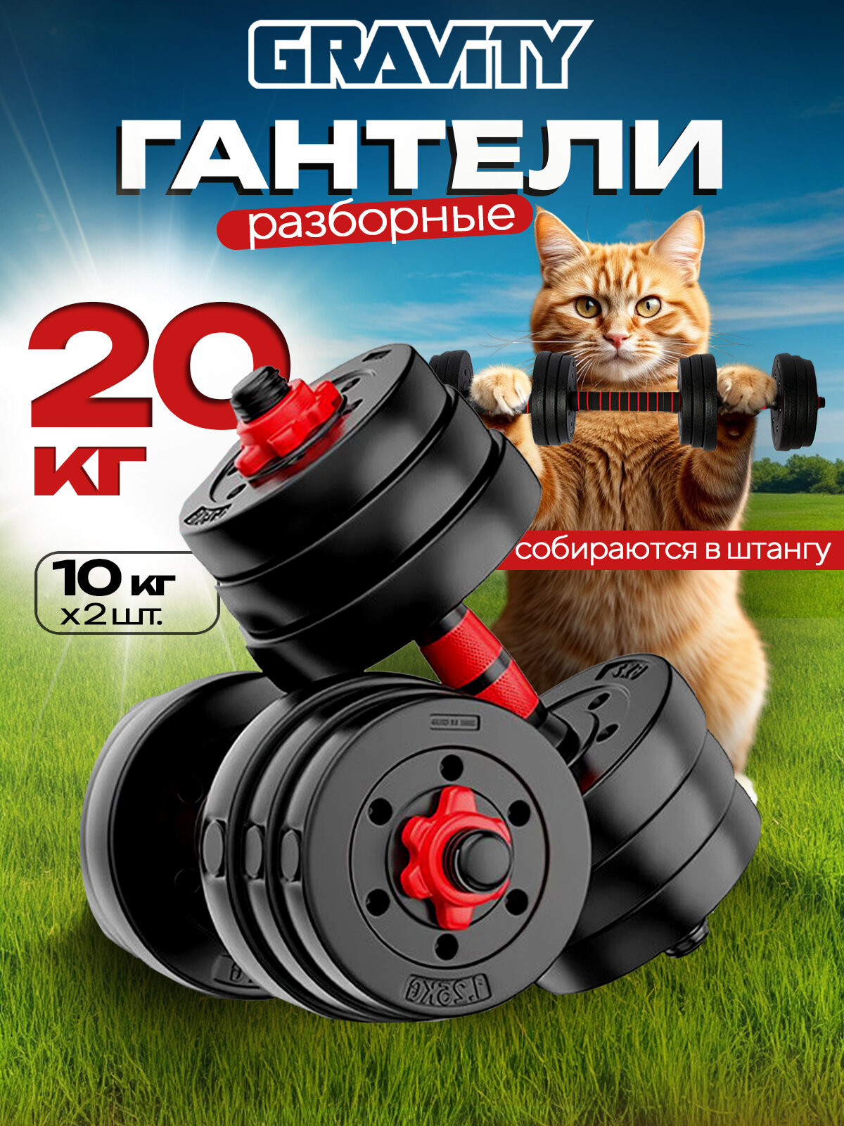 Набор гантелей разборных с грифом для штанги Gravity - 20 кг
