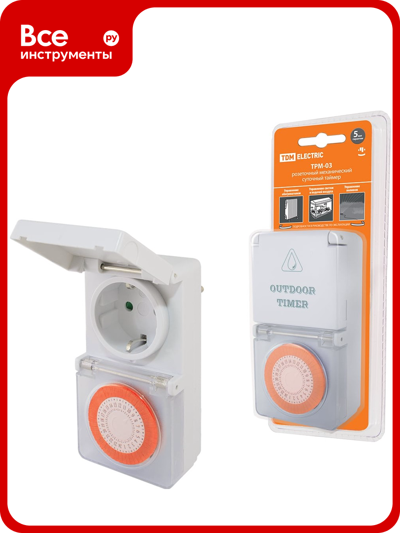 Розеточный таймер TDM ELECTRIC ТРМ-03-30мин/24ч-16А-IP44 (суточный защита от влаги) SQ1506-0004