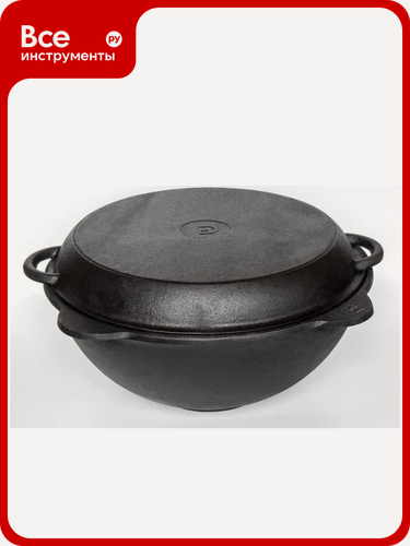 Изображение товара Чугунный казан Davr Metall 12 л круглое дно с крышкой сковородкой казан12(круг)+крыш(сков)12л