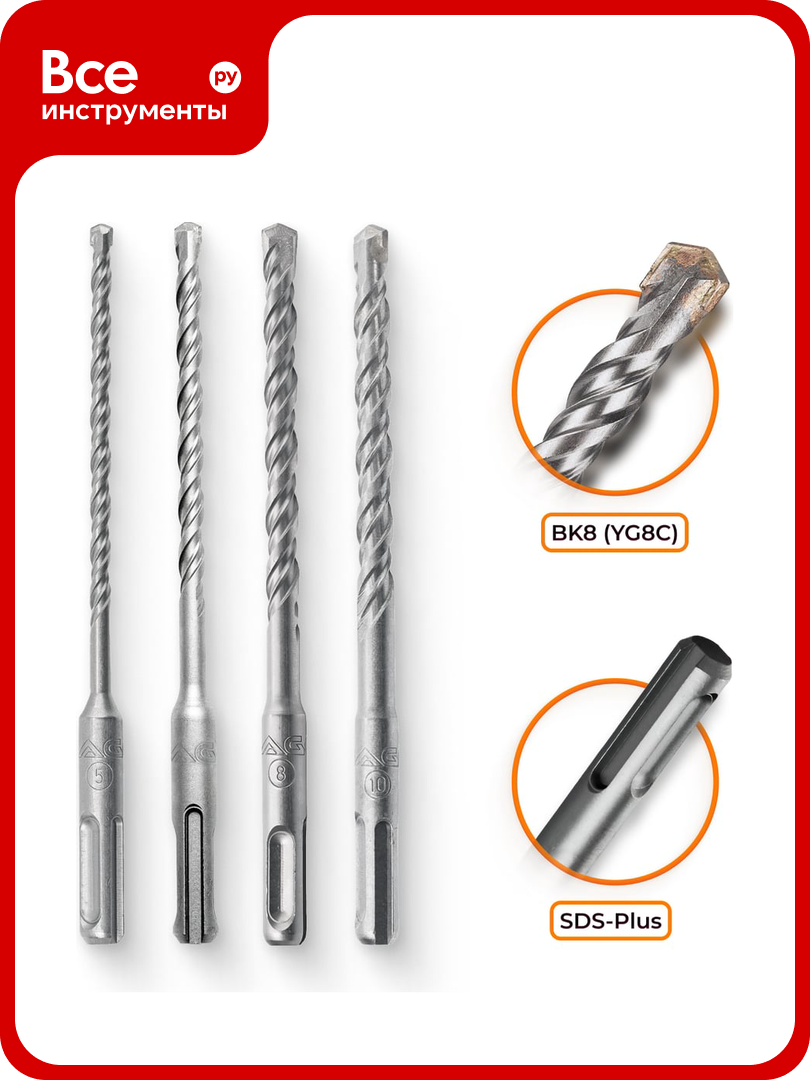 Набор буров по бетону RAGE By VIRA 4 шт 5 х 160 мм 6 х 160 мм 8 х 160 мм 10 х 160 мм SDS-plus 564518