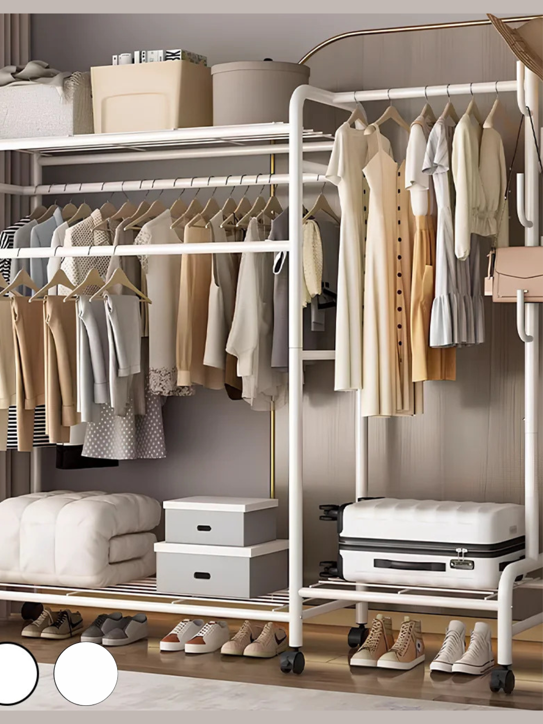 Многофункциональная двухуровневая стойка для одежды на колесиках, металл