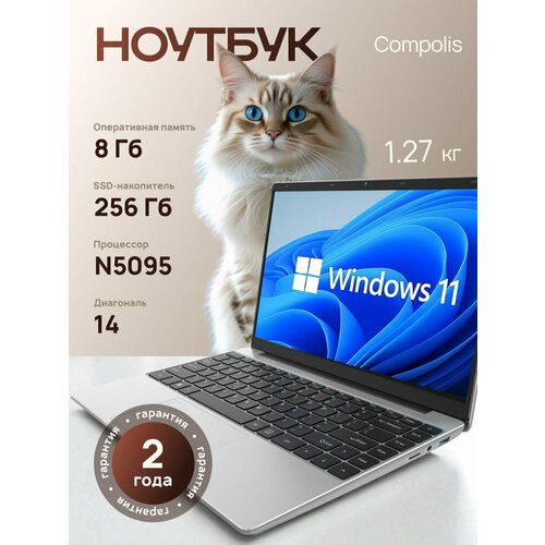 Ноутбук 14", Intel Celeron N5095, 8GB RAM, 256GB, Intel UHD Graphics, Windows Pro, серебристый