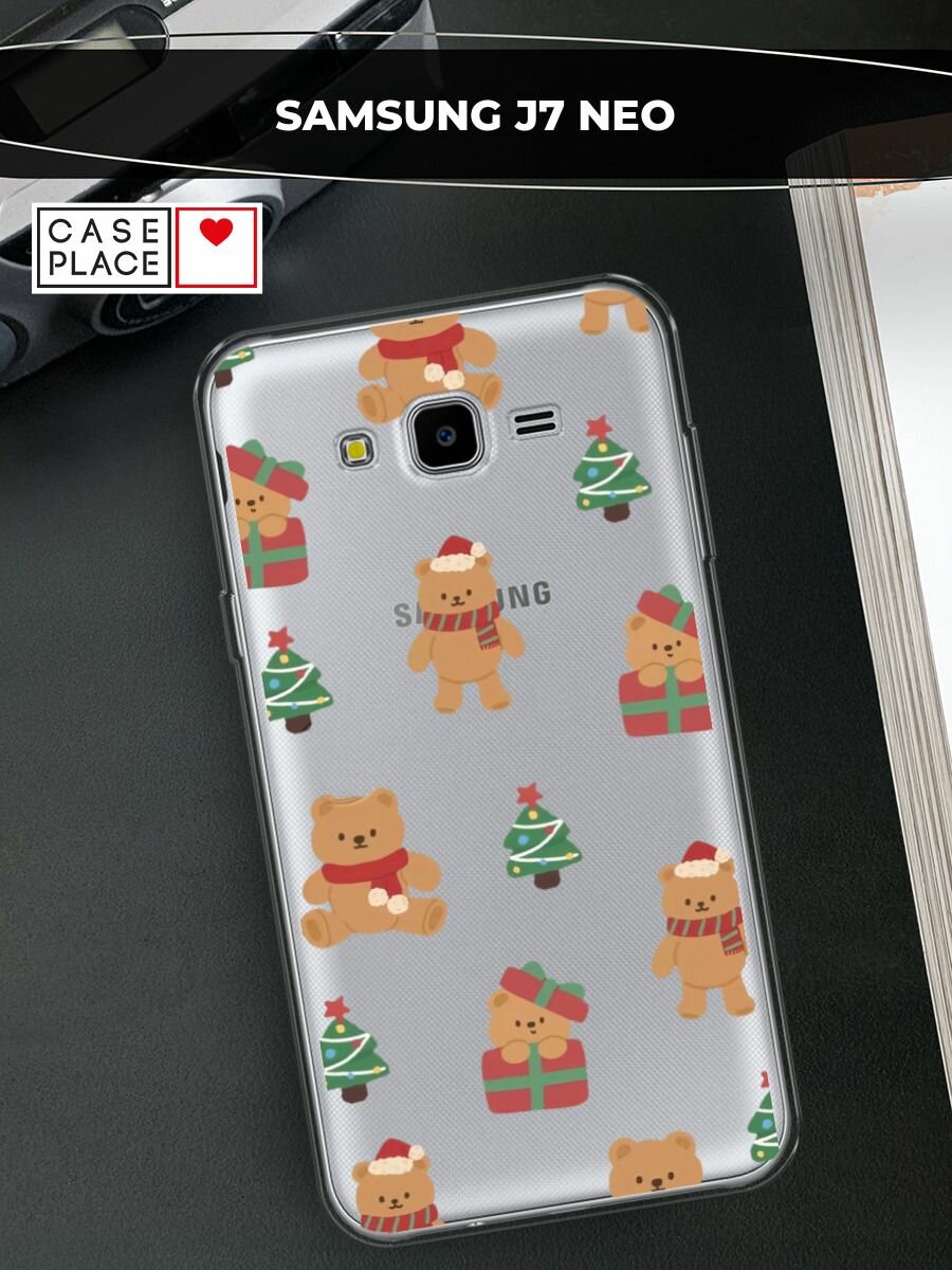 Чехол на Samsung Galaxy J7 Neo / Самсунг Галакси Джей 7 Нео с принтом "Игрушечный новогодний мишка", прозрачный