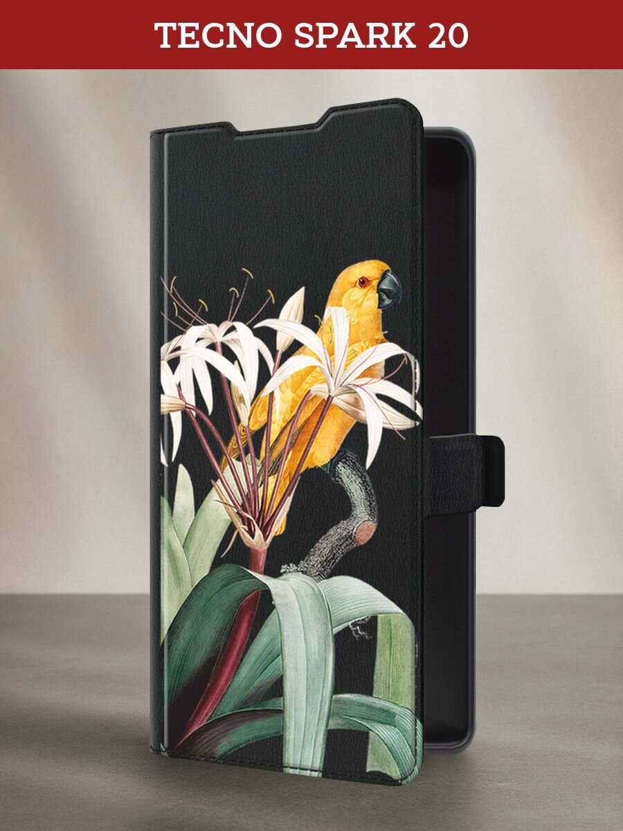 Чехол-книжка на Tecno Spark 20 / Текно Спарк 20 с рисунком "Цветок с попугаем"